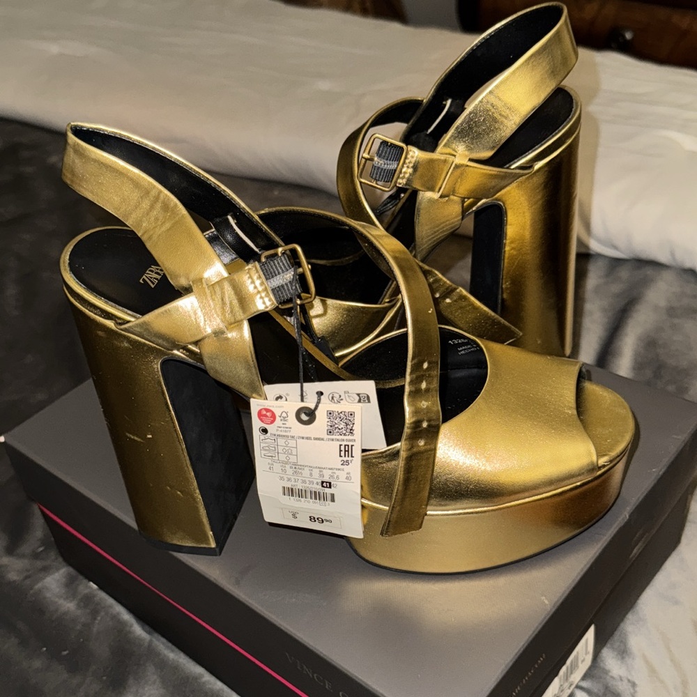 Zara Golden Metallic High Heel Platform Sandals